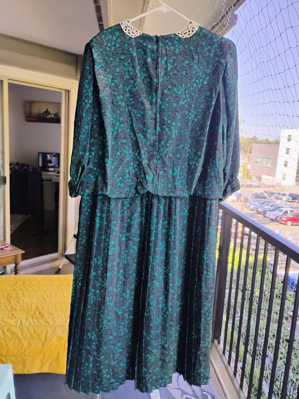 Vintage 1980s Green & Black Puff Sleeve Floral Pleated Dress Cottagecore Plus 18 - Picture 11 of 12